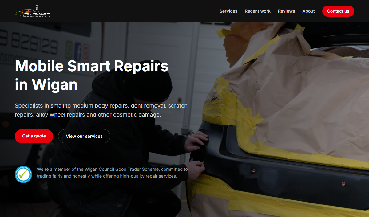 CN Smart Repairs homepage showing mobile smart repairs in Wigan